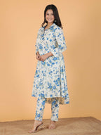 Aramya White Textured Cotton Floral Print High Low Kurta Set for Women | Grocsy