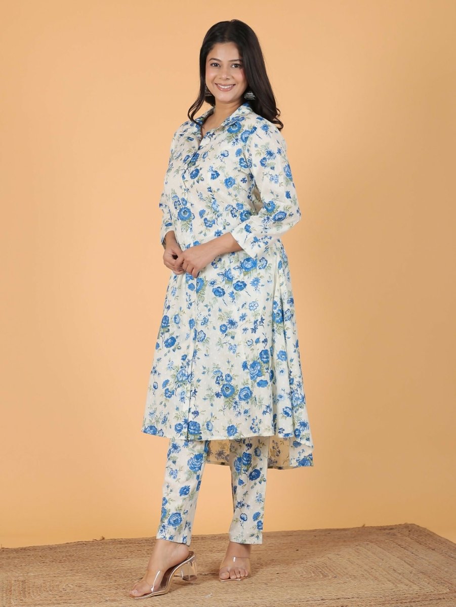 Aramya White Textured Cotton Floral Print High Low Kurta Set for Women | Grocsy