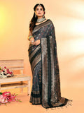 Joban Fashion Grey & Black Plain With Weaving Border Banarasi Silk Sarees | Grocsy