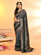 Joban Fashion Grey & Black Plain With Weaving Border Banarasi Silk Sarees | Grocsy