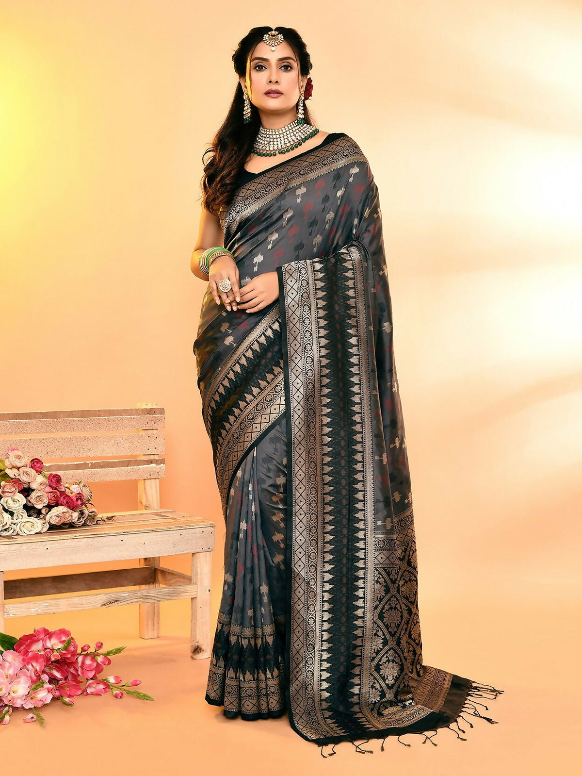 Joban Fashion Grey & Black Plain With Weaving Border Banarasi Silk Sarees | Grocsy