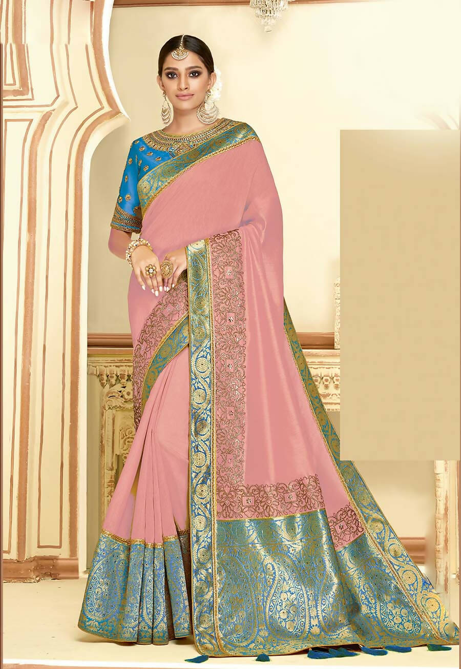 Pink Satin Silk Zari Embroidery, Laser Cut Borders, Tassels Saree - Norita Alankrita | Grocsy