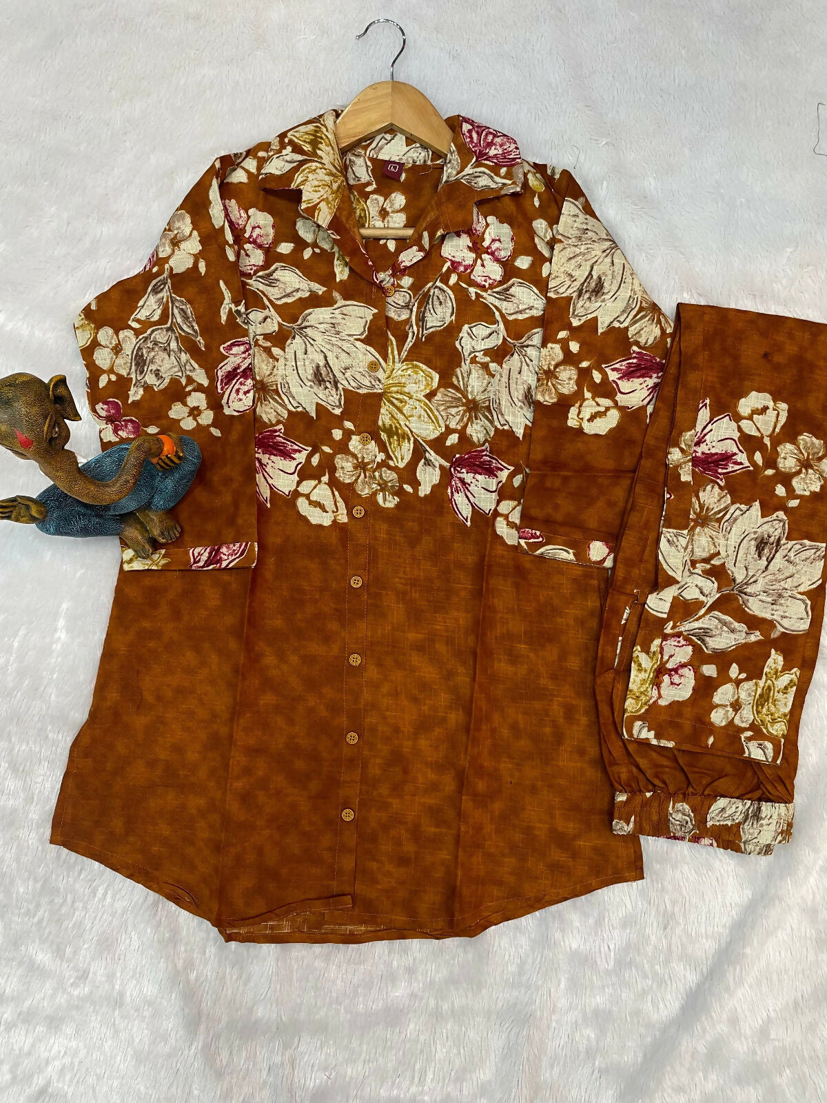 Teeya Creation Women Mustard Yellow Floral Printed Shirt And Trousers Co-Ord Set | Grocsy