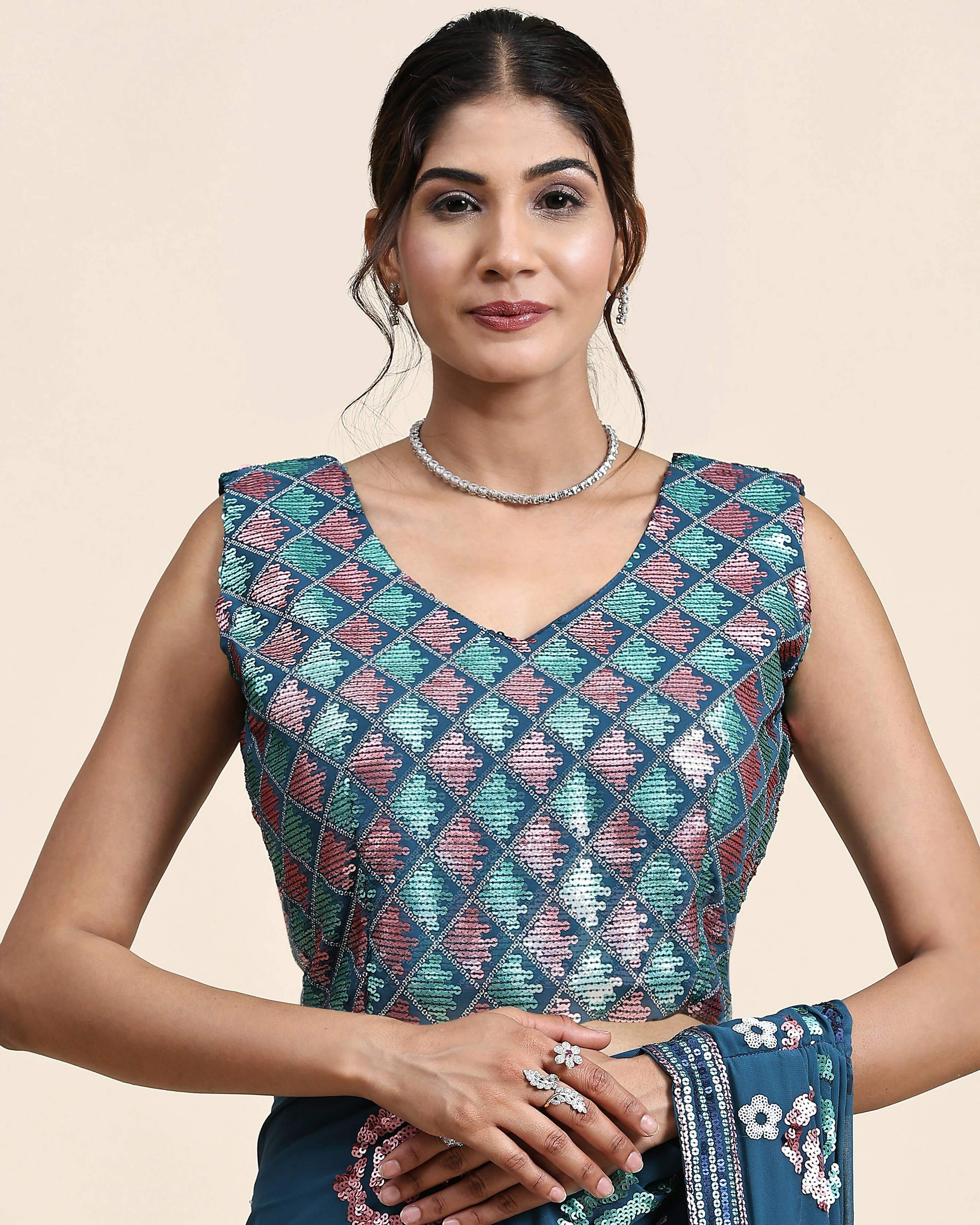 Blue Pure Georgette Sequence work Ready to wear Saree with stitched Blouse - Nirvana | Grocsy