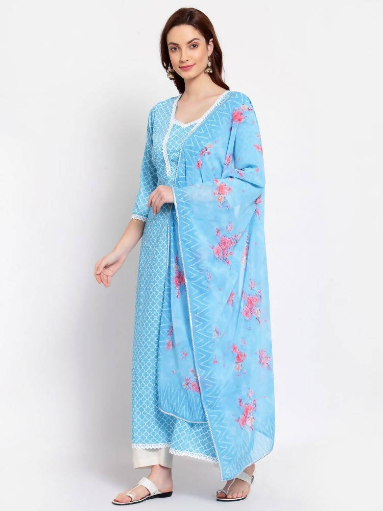 Myshka Women's Blue Printed Cotton Blend 3/4 Sleeve Square Neck Casual Anarkali Kurta Dupatta Set | Grocsy