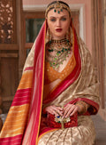 Cream Silk Abstract Printed Saree With Unstitched Blouse Piece - Aanchal | Grocsy