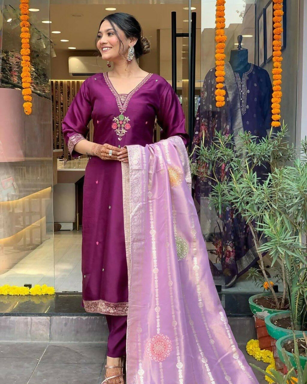 The52 Women's Beautiful Chanderi Fabric Embroidery Work Flared Kurta Pant and Dupatta Set | Grocsy