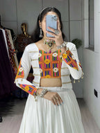 Yash Enterprise White Rayon Cotton Embroidery Semi Stitched Navratri Chaniya Choli | Grocsy