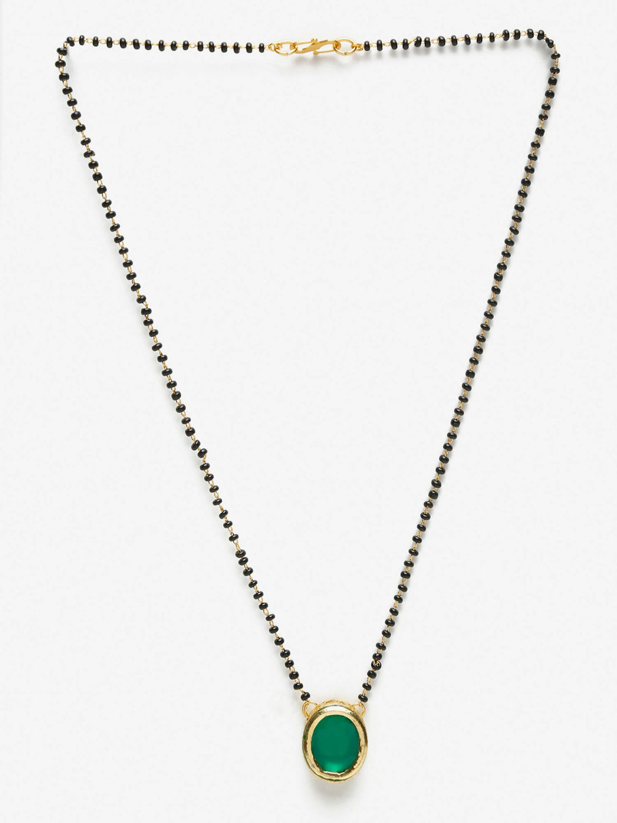 Gold-Polished Black Beaded Green Kundan Studded Handcrafted Mangalsutra - Ruby Raang | Grocsy