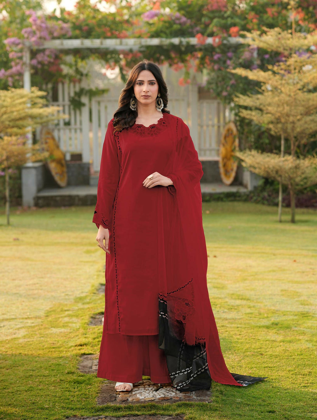 Nikhaar Maroon Embroidered Art Silk Stitched Straight Cut Kurta Palazzo Dupatta Readymade Suit | Grocsy