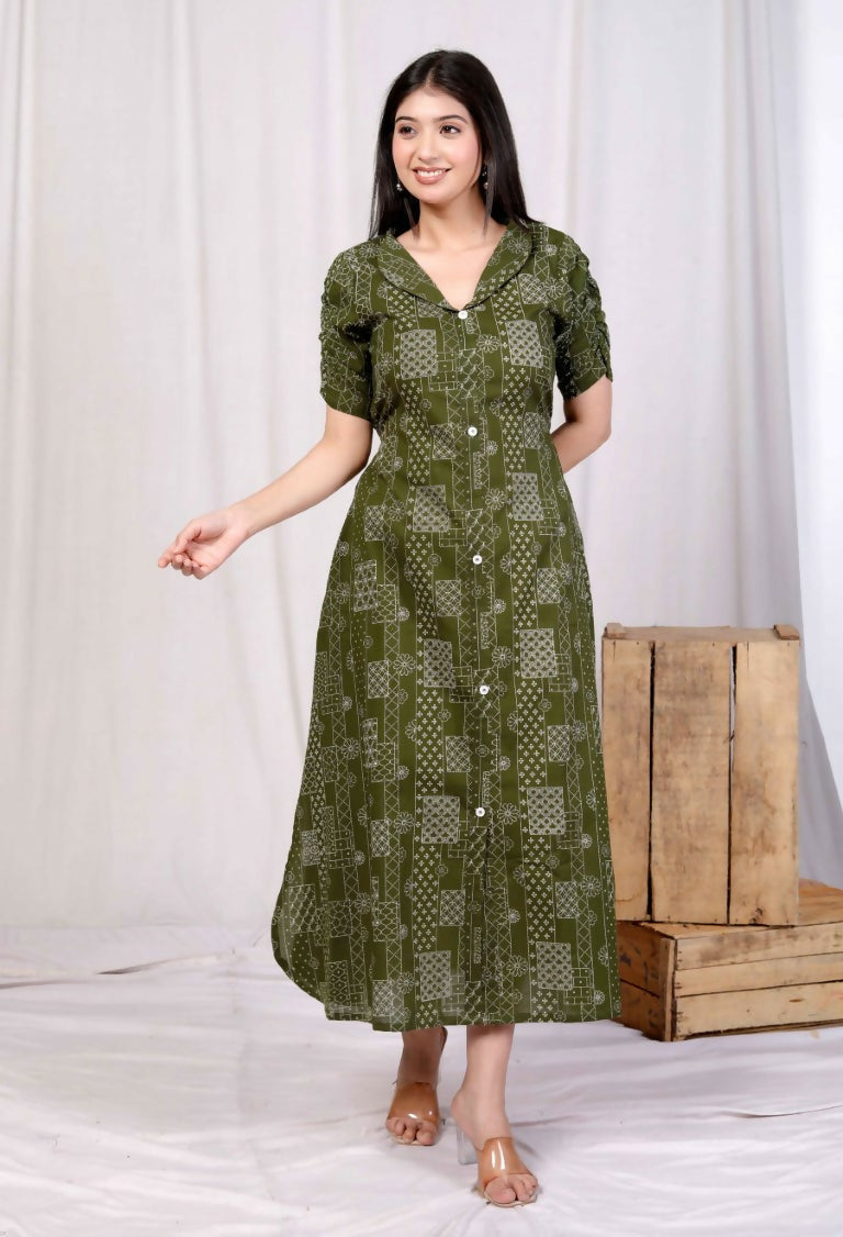 Miravan Women's Pure Cotton Floral Printed Green Button Down A-Line Midi Dress | Grocsy