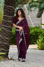 Vastranavya Wine Embroidery Work Shimmer Chiffon Saree with Unstitched Blouse | Grocsy