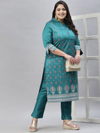 Sztori Plus Size Floral Foil Printed Straight Kurta With Trouser | Grocsy