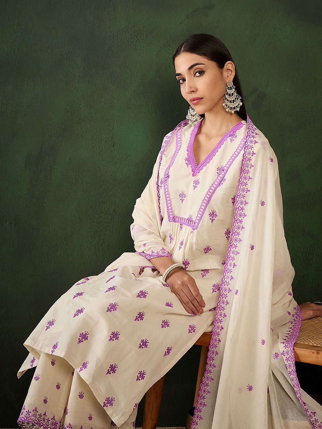 Sangria Purple Floral Embroidered Thread Work Pure Cotton Kurta & Palazzos With Dupatta | Grocsy