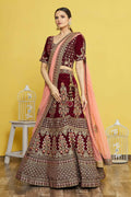 Maroon Velvet Semi-Stitched Wedding Bridal Lehenga - Nimaya | Grocsy