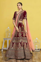 Maroon Velvet Semi-Stitched Wedding Bridal Lehenga - Nimaya | Grocsy