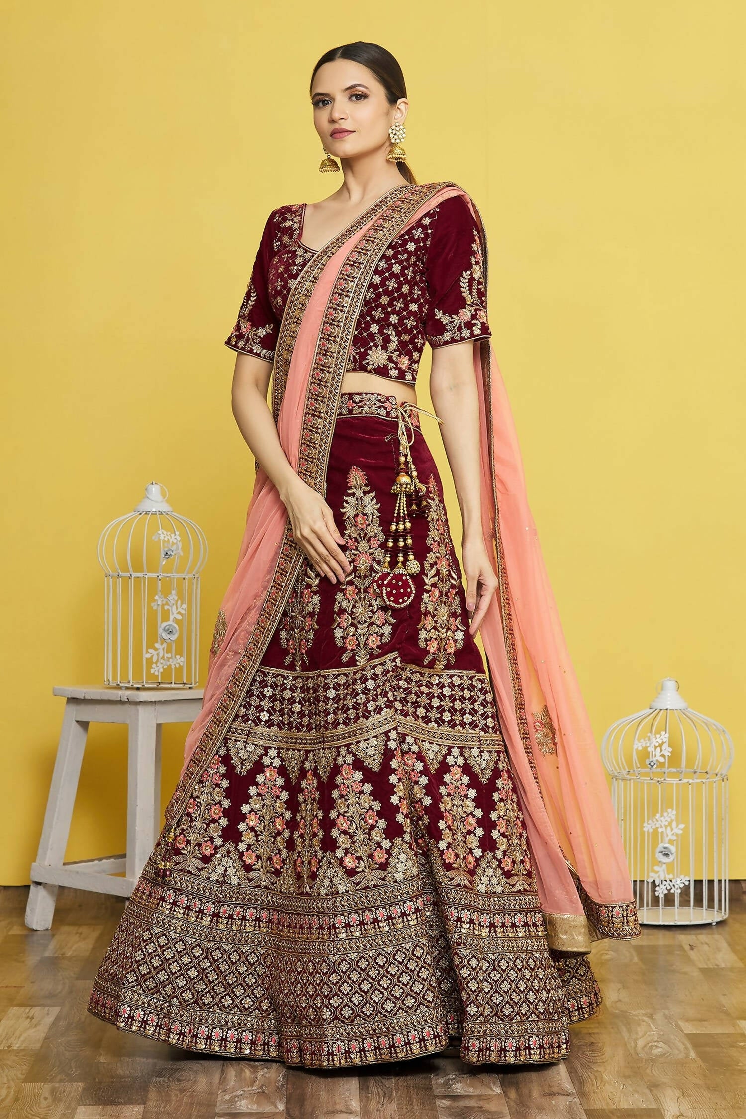 Maroon Velvet Semi-Stitched Wedding Bridal Lehenga - Nimaya | Grocsy