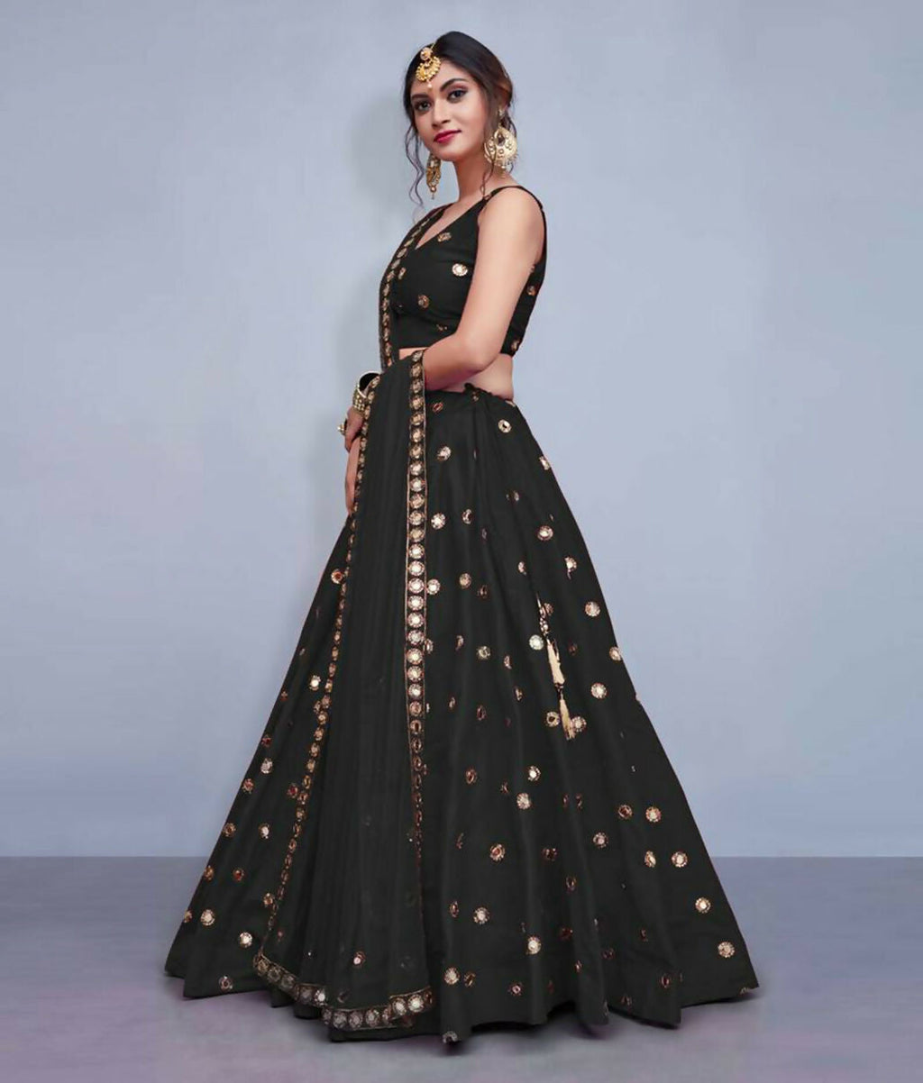 Jyoti Fashion Beautiful Black Embroidered with Mirror work Art Silk Party Wear Lehenga Choli with Dupatta | Grocsy
