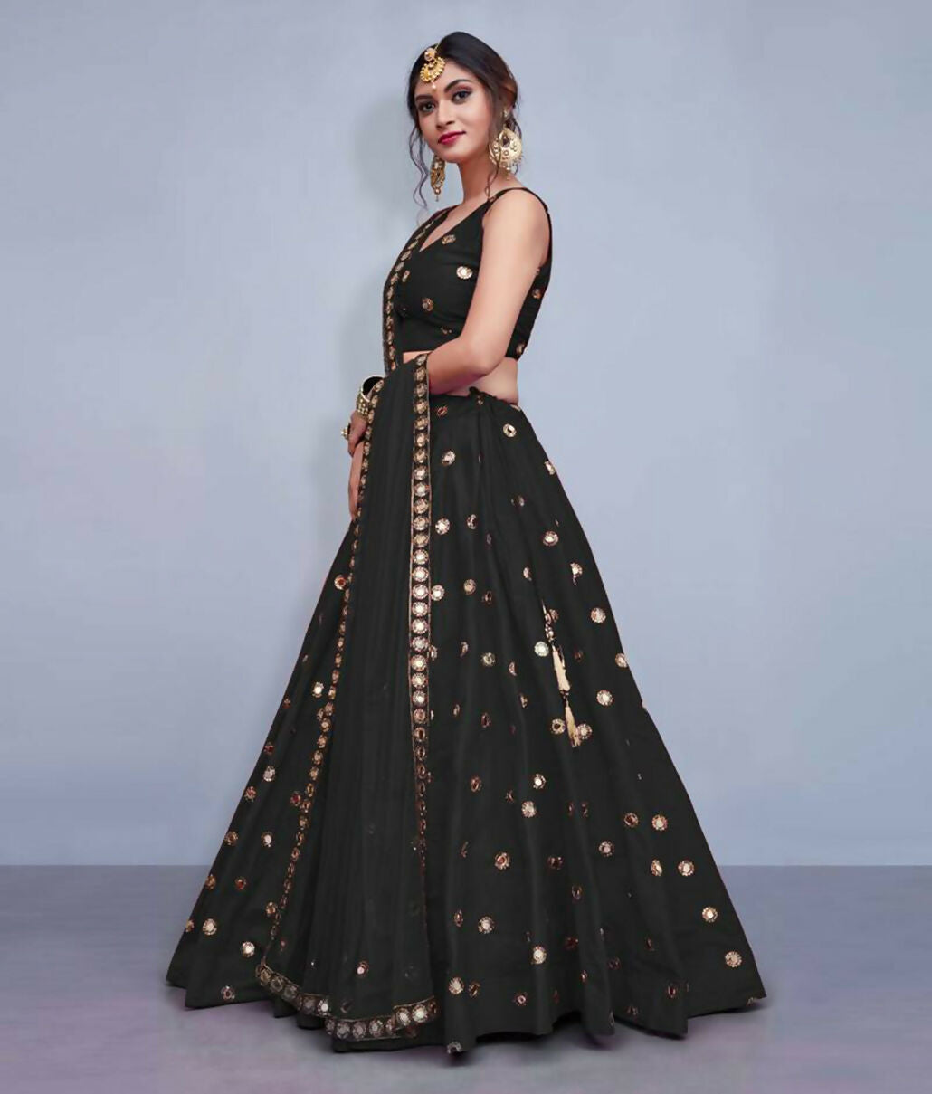 Jyoti Fashion Beautiful Black Embroidered with Mirror work Art Silk Party Wear Lehenga Choli with Dupatta | Grocsy