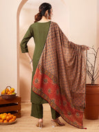 Janasya Olive Straight Rayon Slub Kurta,Bottom & Dupatta | Grocsy