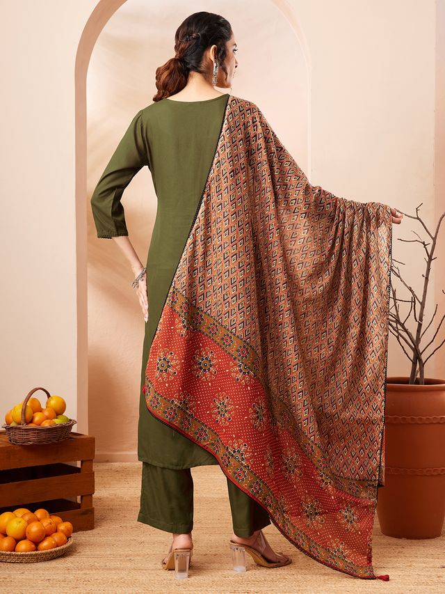 Janasya Olive Straight Rayon Slub Kurta,Bottom & Dupatta | Grocsy
