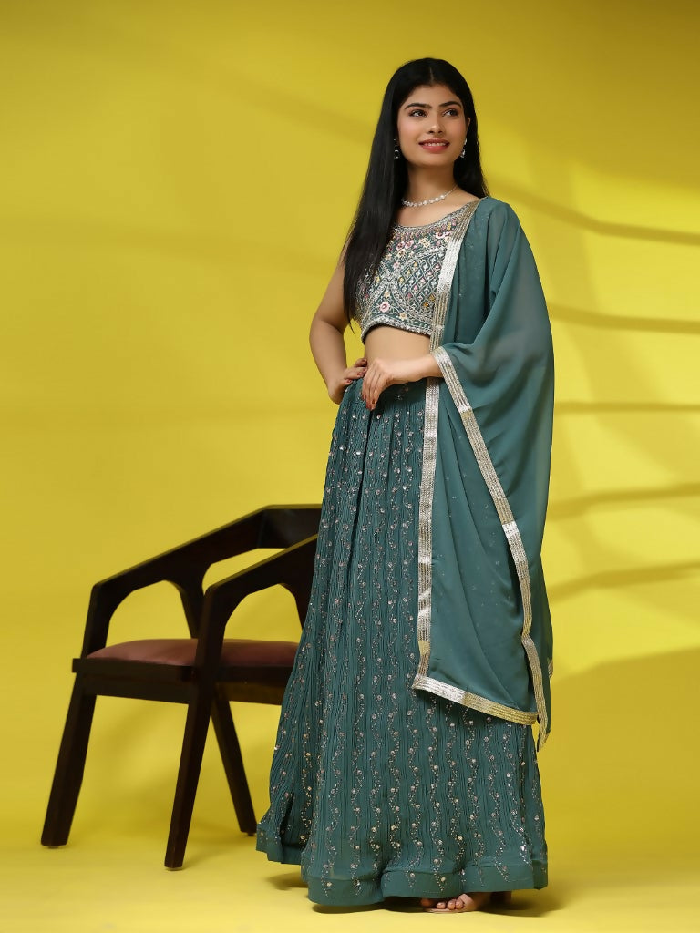 Green Georgette Embroidered Lehenga choli with Dupatta - Dhara | Grocsy