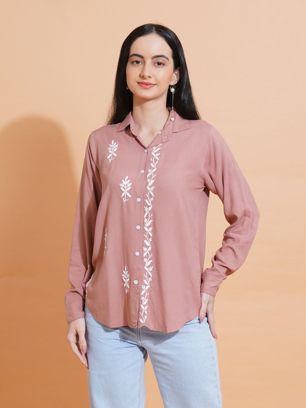 Pahnaz Modal Chikankari Handwork Shirt-Brown | Grocsy