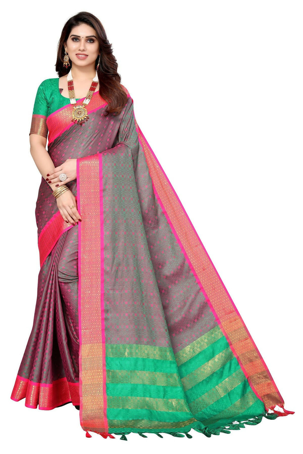 Vamika Weaving Grey Cotton Silk Saree | Grocsy