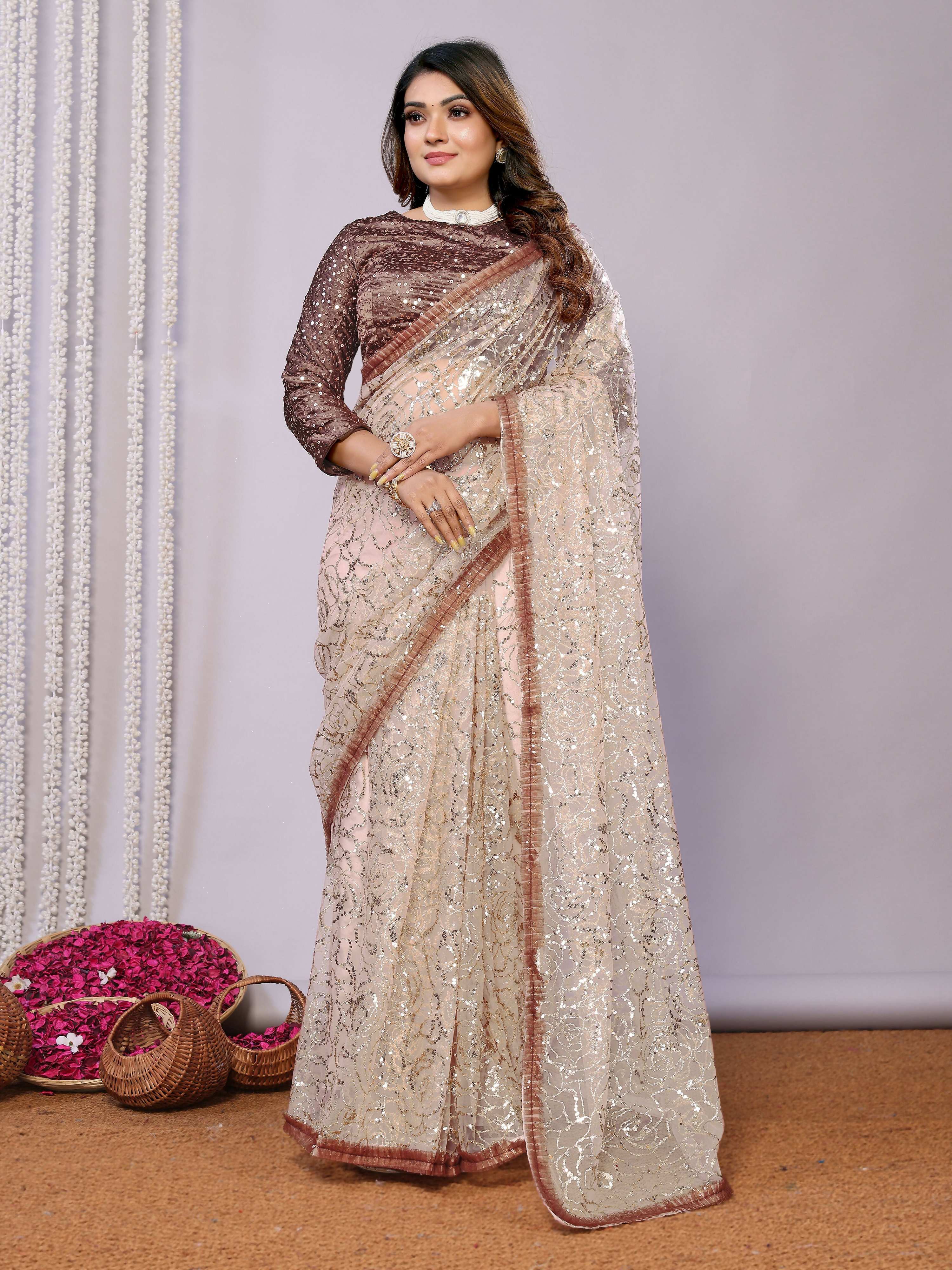 Brown Net Embroidered Saree With Stitched Blouse - Nimaya Kaksha | Grocsy