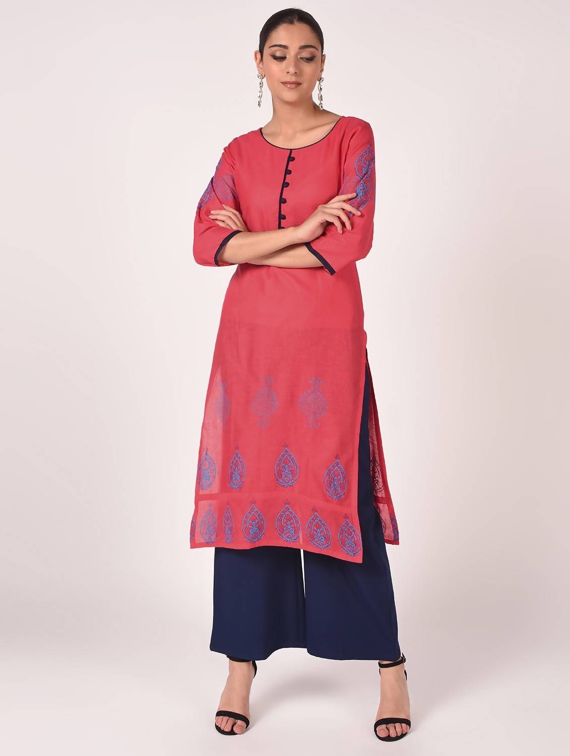 Cheera Hand Block Print Latest Fashion Baby Pink Straight Kurta | Grocsy