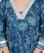 Miravan Women's Blue Cotton Embroidered Neck Anarkali Kurta | Grocsy