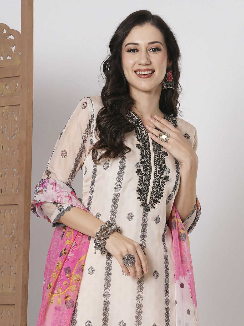 Off White Taby Silk Embroidery Work, Printed Kurta Set - Riya | Grocsy