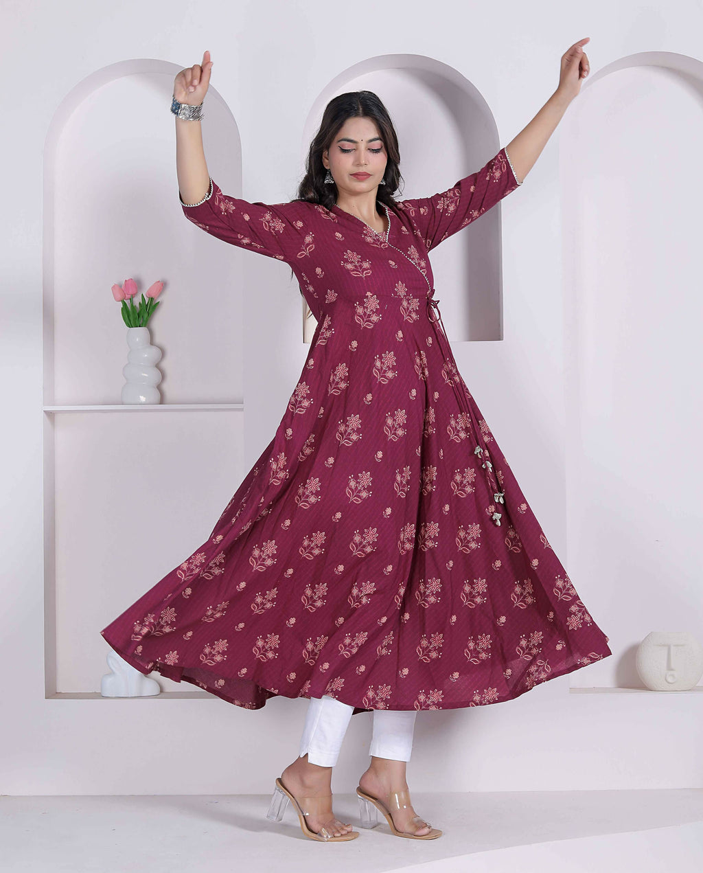 Miravan Womens Maroon Floral Printed Angrakha Style Kurta | Grocsy