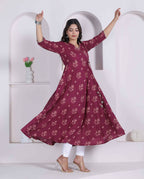 Miravan Womens Maroon Floral Printed Angrakha Style Kurta | Grocsy