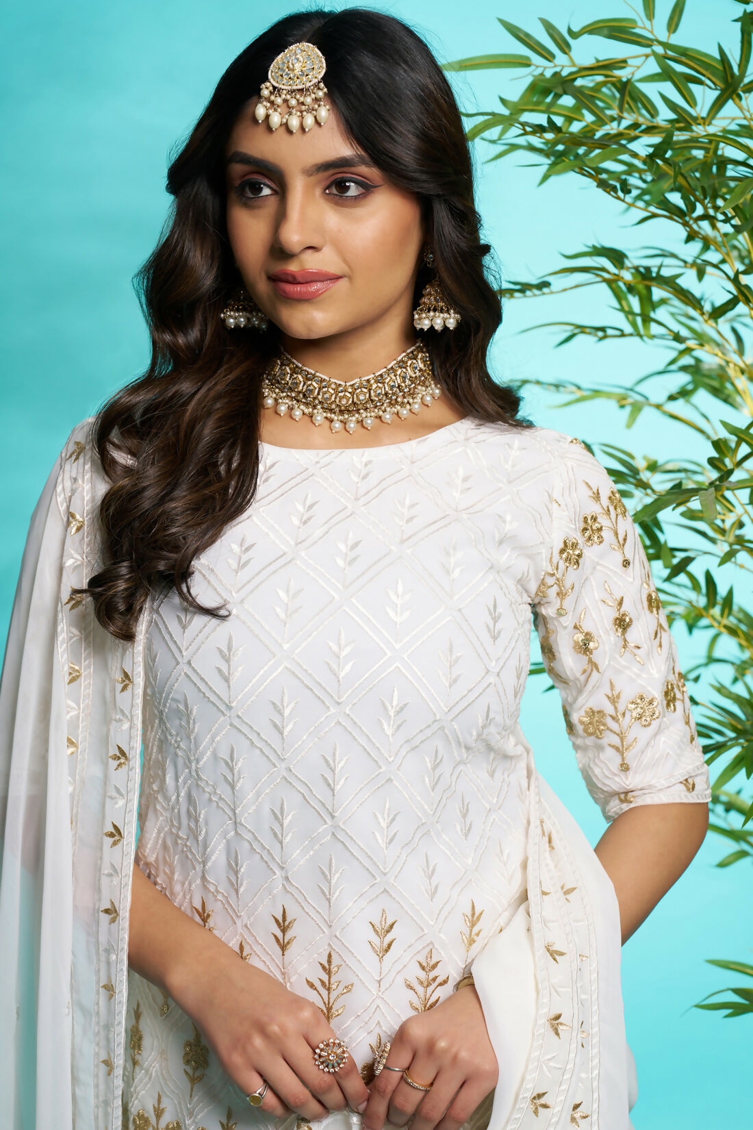 Aayaa Designer Faux Gorgette Embroidery Zari Sequins Thread work Full Flaired plazzo Suit with Dupatta - Off White | Grocsy