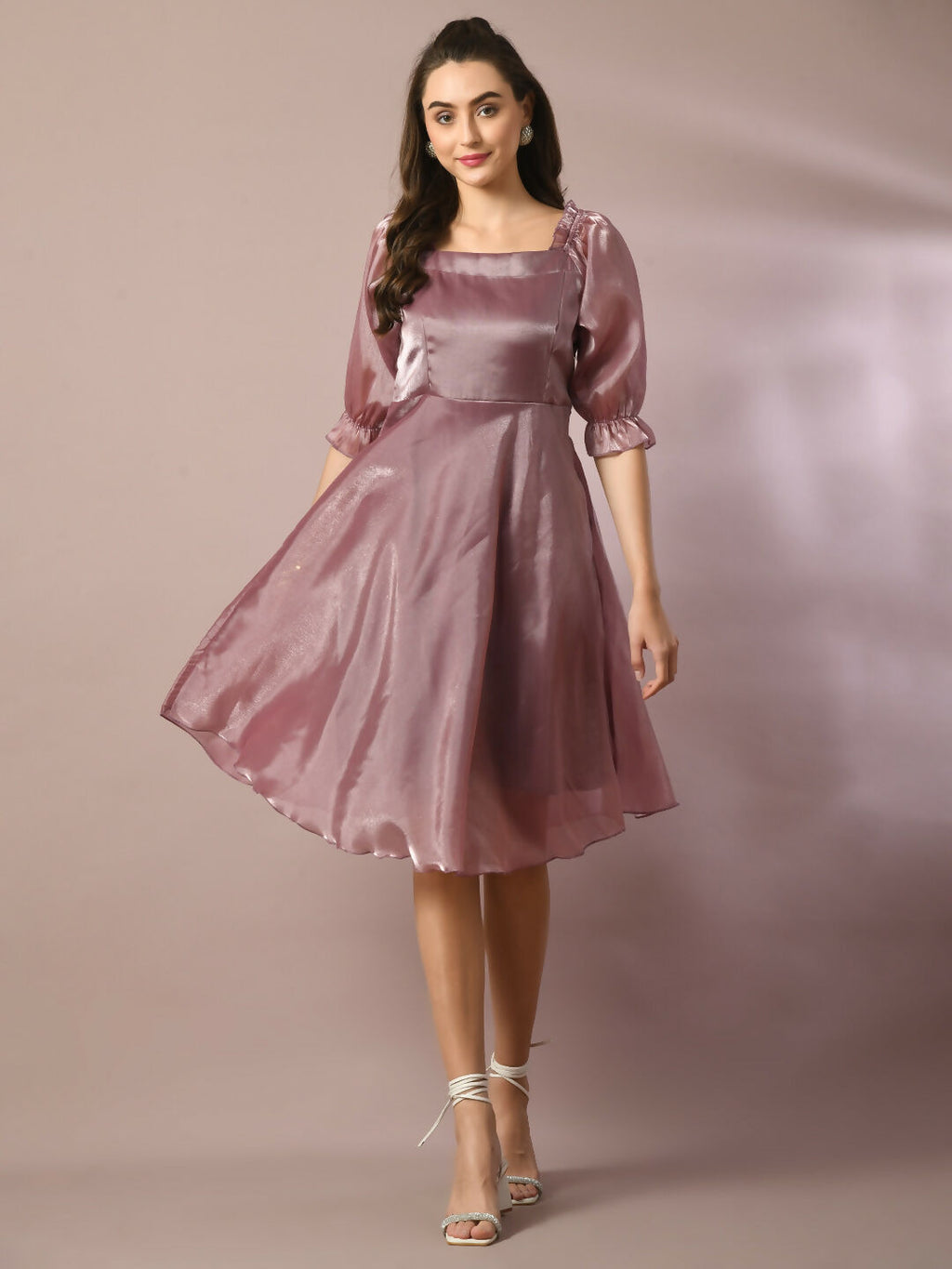 Myshka Women's Brown Solid Square Neck Fit and Flare Party Dress | Grocsy