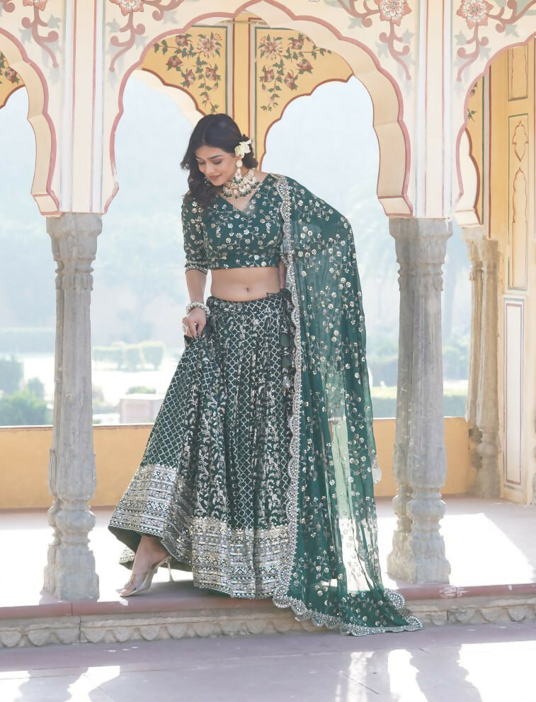Lorenvalley Green Pure Viscose Jacquard With Embroidered Sequins work Lehenga Choli | Grocsy