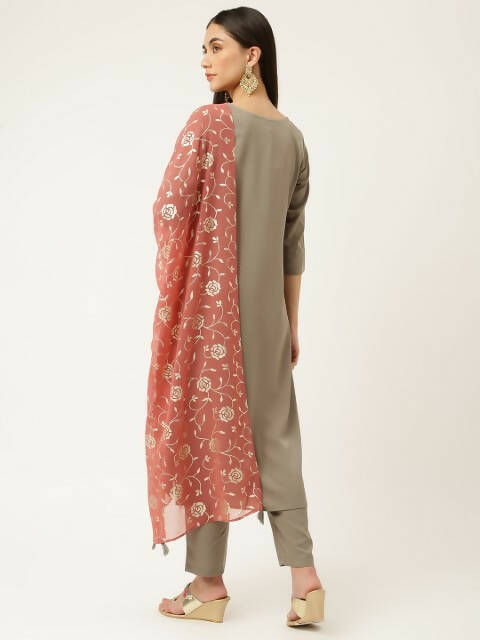 FIORRA Women's Grey Poly Crepe Straight Kurta Pant With Dupatta | Grocsy