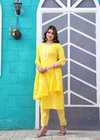 Alvano Printed Beautiful Straight Kurti with Pant and Dupatta set for Women and Girls (Yellow) | Grocsy