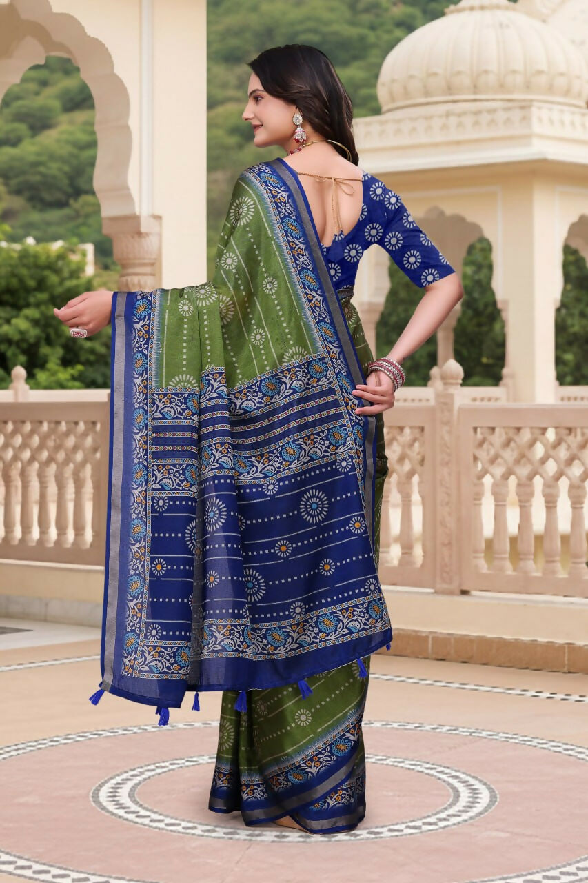 Prime Volt Women's Green & Blue Printed Mal Cotton Saree with Designer Blouse Piece | Grocsy
