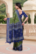 Prime Volt Women's Green & Blue Printed Mal Cotton Saree with Designer Blouse Piece | Grocsy