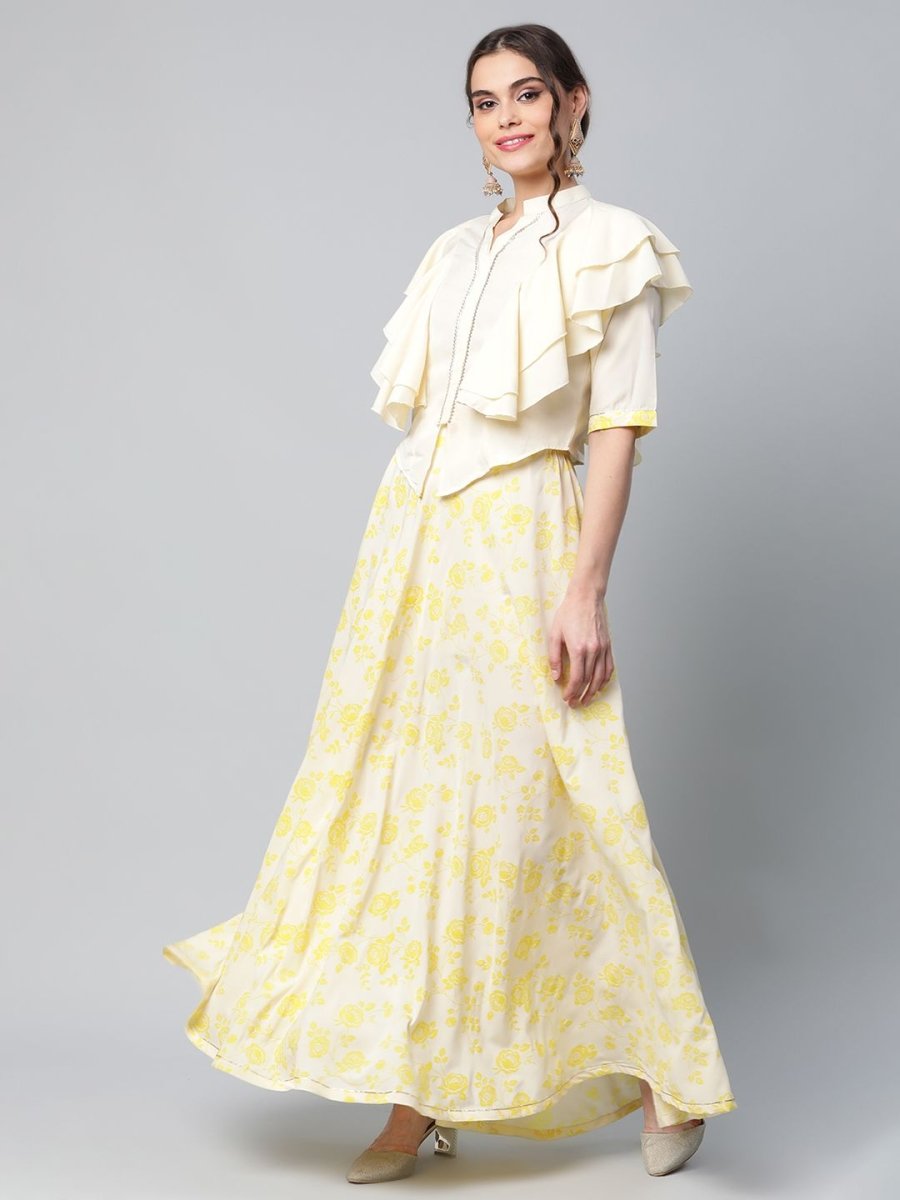 Ahalyaa Women Crepe Cream Solid Top with Printed Skirt with Ruffle Details | Grocsy
