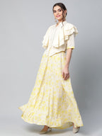 Ahalyaa Women Crepe Cream Solid Top with Printed Skirt with Ruffle Details | Grocsy