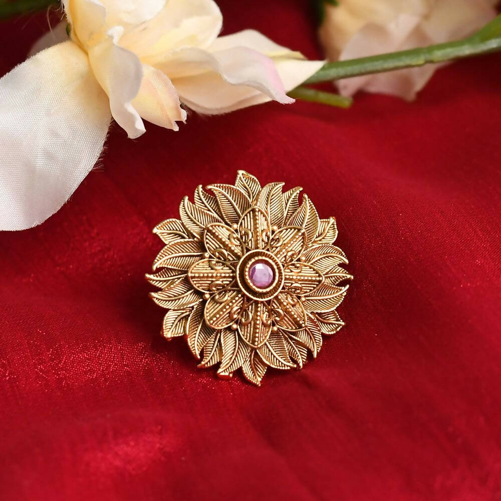 Mominos Fashion Joharkamal Gold-Polished Stone Studded Adjustable Finger Ring - Design 12 | Grocsy