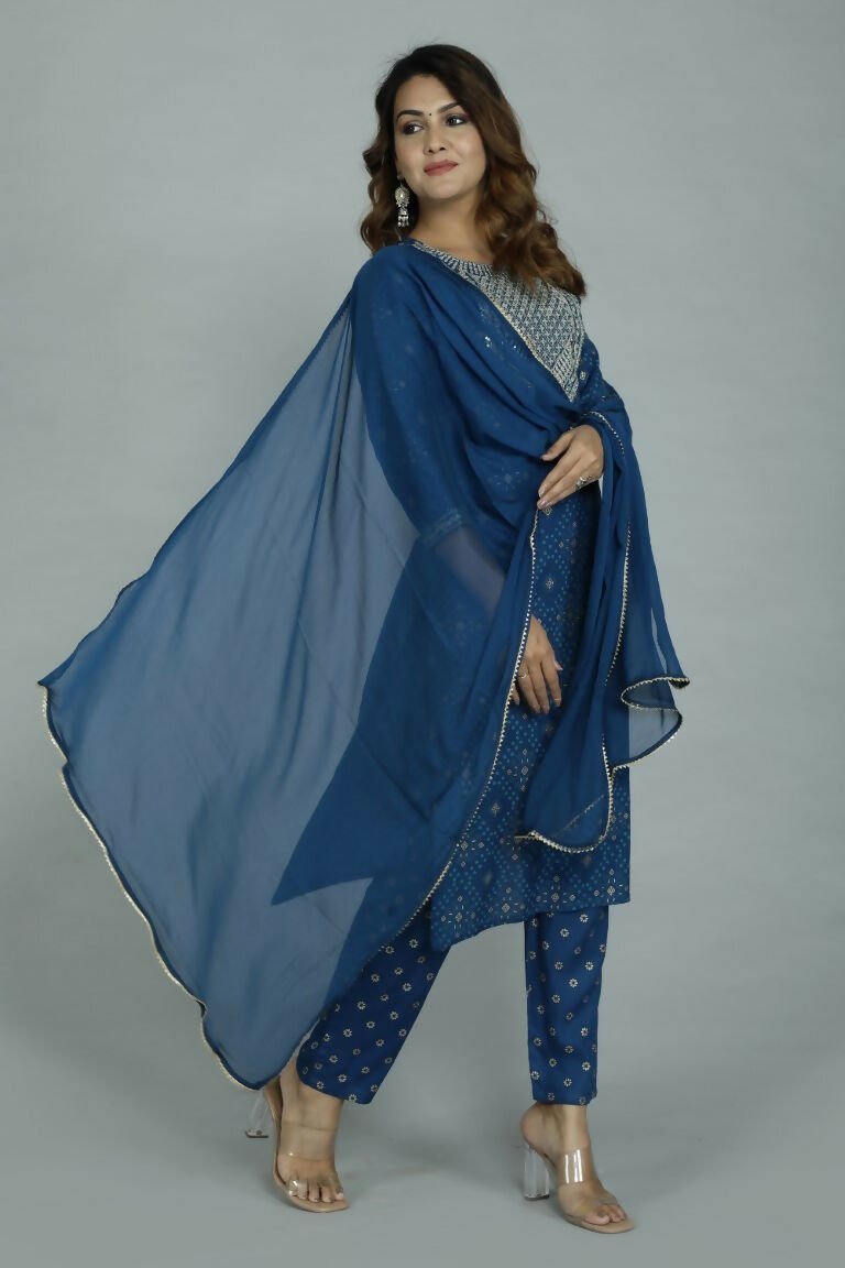 Alvano Printed Sequence Kurti with Pant and Dupatta set Rayon (Blue) | Grocsy
