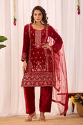 Joban Fashion Red Velvet Embroidery Sequence Work Readymade Kurta Set | Grocsy