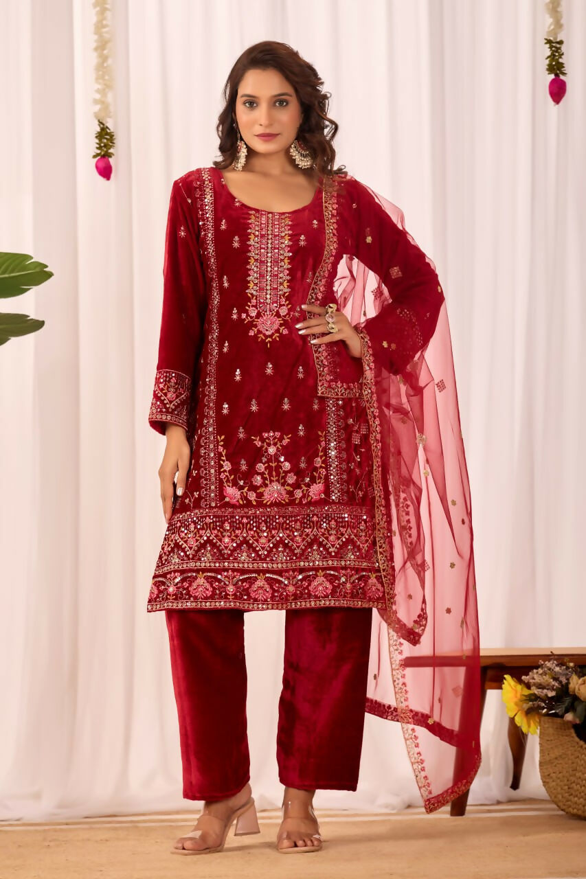 Joban Fashion Red Velvet Embroidery Sequence Work Readymade Kurta Set | Grocsy
