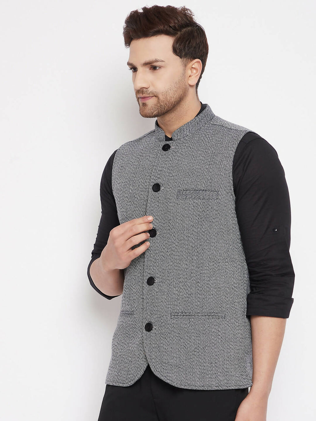 Even Apparels Grey Merino Men Woven Nehru Jacket PW689 | Grocsy