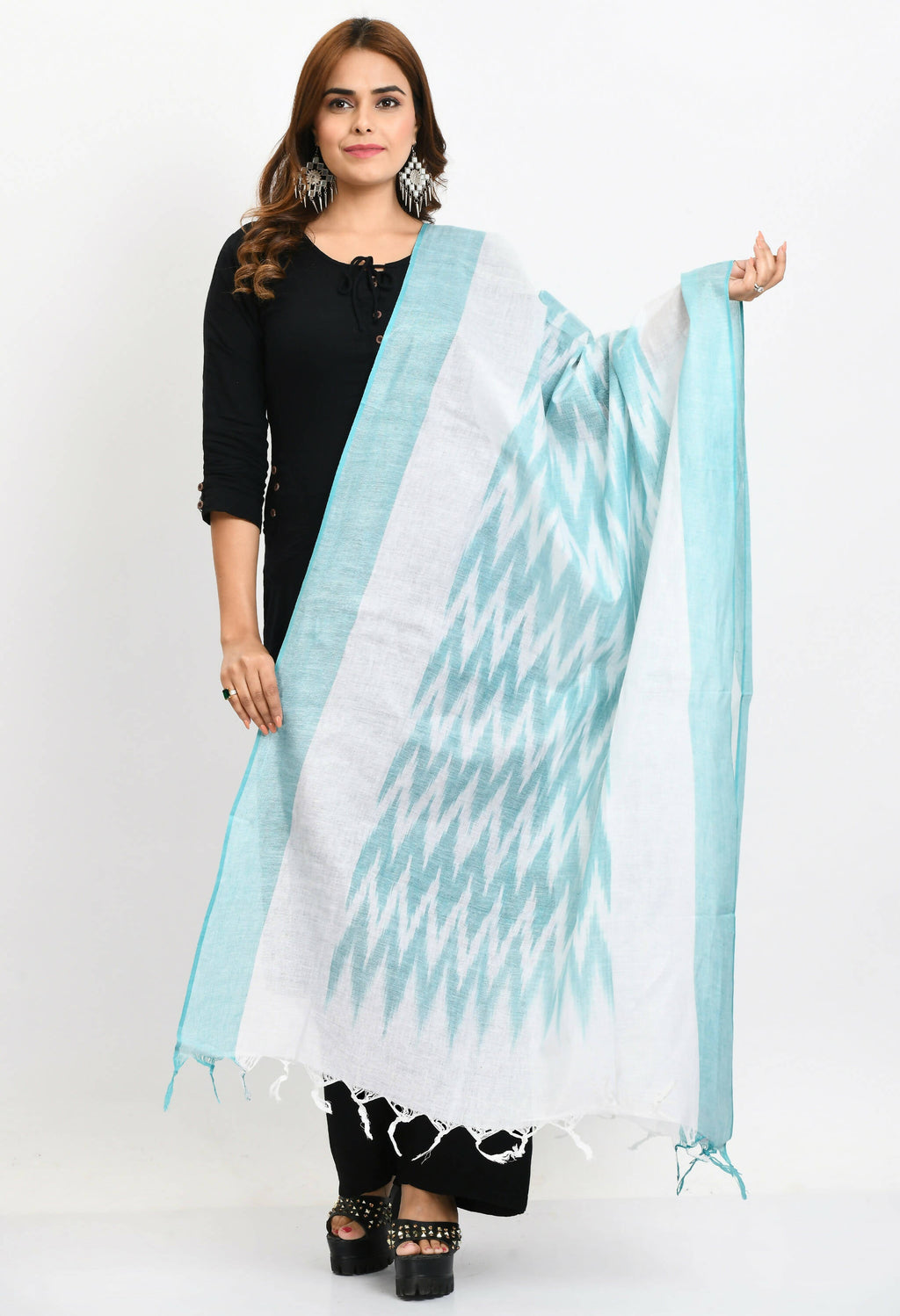 Mominos Fashion Moeza Women's Handloom Cotton Ikkat Sea Green Dupatta | Grocsy