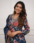 The52 Blue Women's Gorgeous Printed Pure Russian Silk Fabric Straight Kurta Pant with Dupatta Set | Grocsy